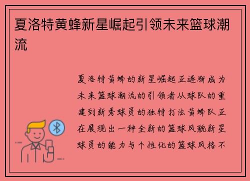 夏洛特黄蜂新星崛起引领未来篮球潮流